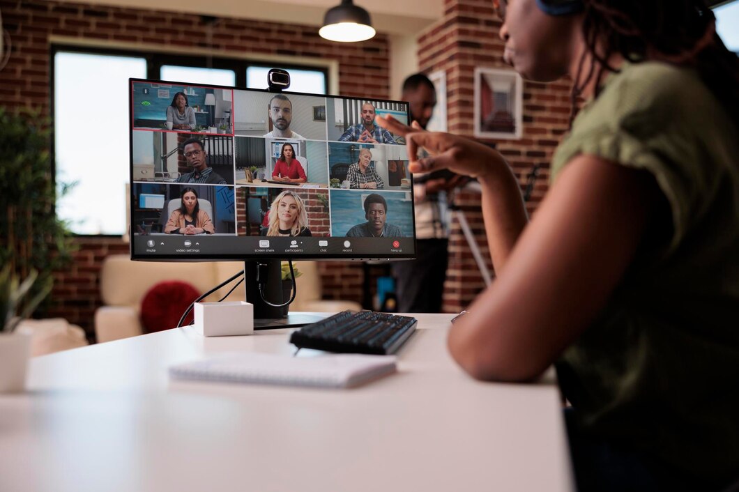 selective-focus-computer-screen-with-startup-team-startup-employees-working-remote-group-video-call-brainstorming-ideas-african-american-woman-gesturing-internet-meeting-with-colleagues_482257-43390